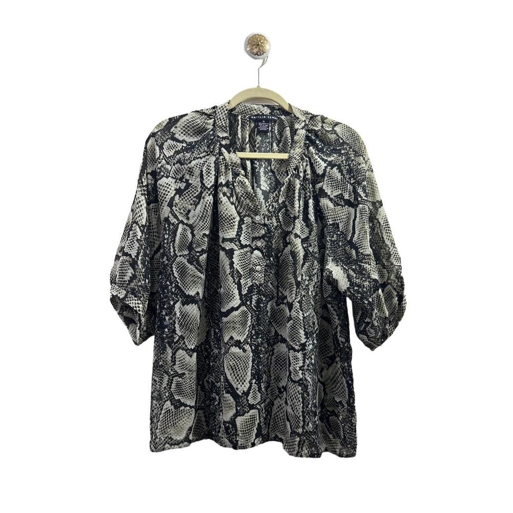 Antilia Femme Blouse Womens Sz XL Beige Black Snake Print Open Front 3/4 Sleeves